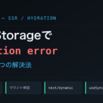 Next.jsでlocalStorageがhydration errorになる原因と、useEffect・マウント判定・next/dynamic・useSyncExternalStoreの4つの解決法を示した図