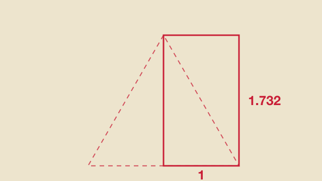 白金比の長方形。正三角形の高さと半分の底辺から生まれる1対1.732の比率を示した図