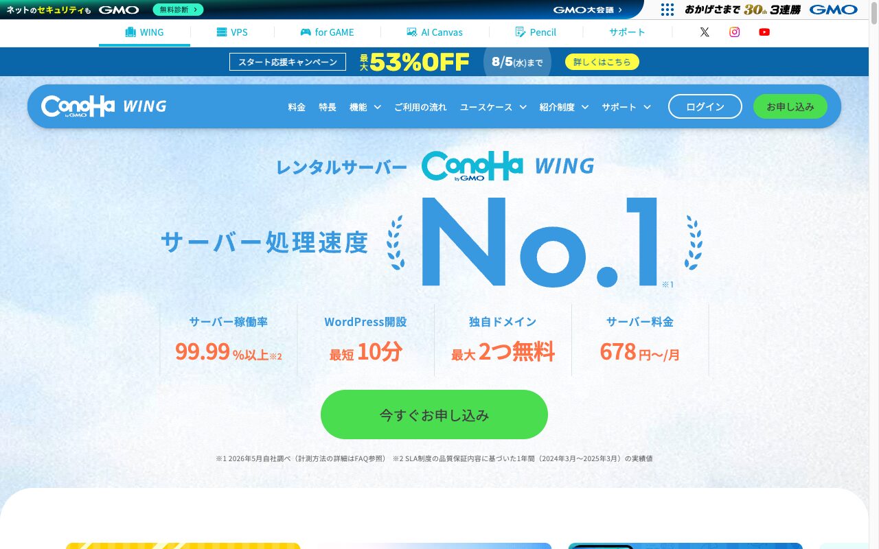 ConoHa WING公式サイトのトップページ（サーバー処理速度No.1・WordPress開設最短10分・独自ドメイン最大2つ無料）