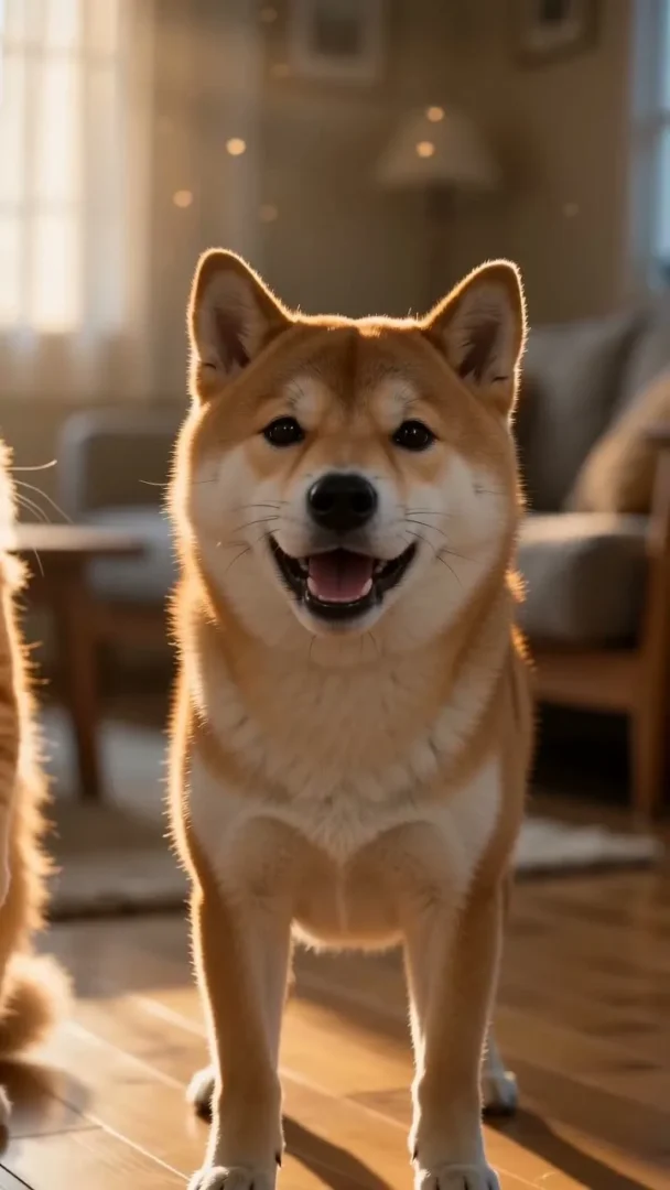 AI生成動画。夕方の日差しが差し込むリビングで、猫と柴犬が二足で立ち前足を上げて踊り、柴犬がカメラを向いて口を開いている