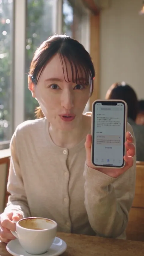 カフェの窓際でスマホの画面をカメラに見せて笑う女性の縦型AI生成動画