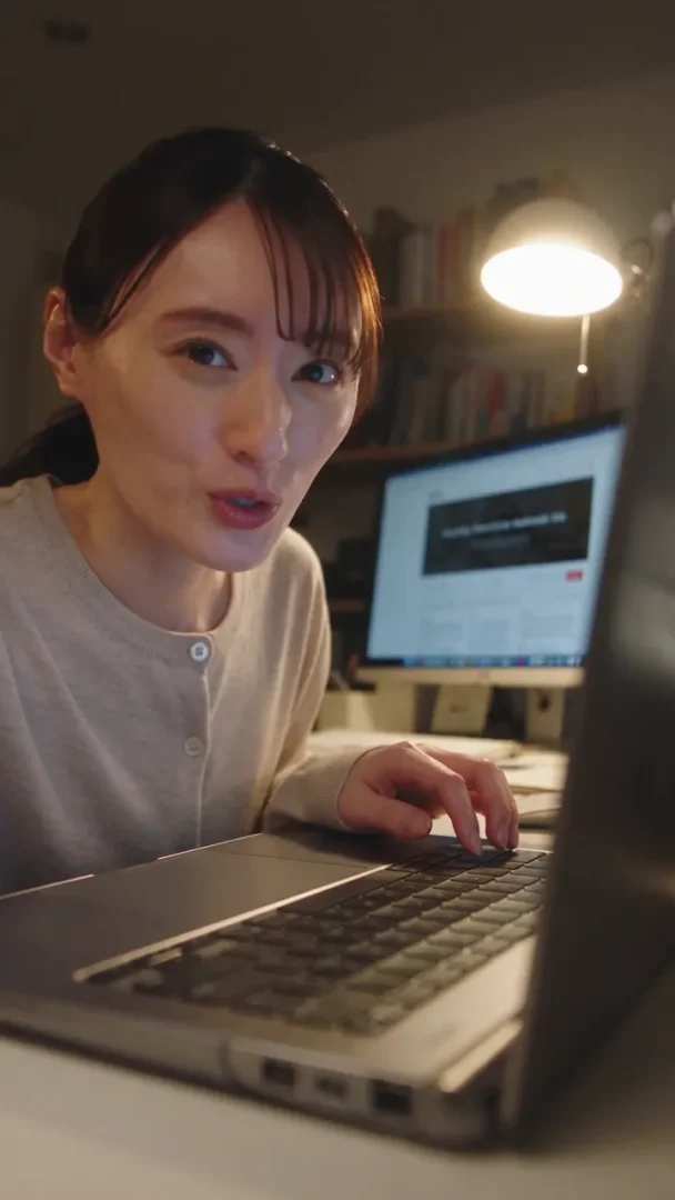夜の作業部屋でノートPCの前からカメラに話しかける女性の縦型AI生成動画