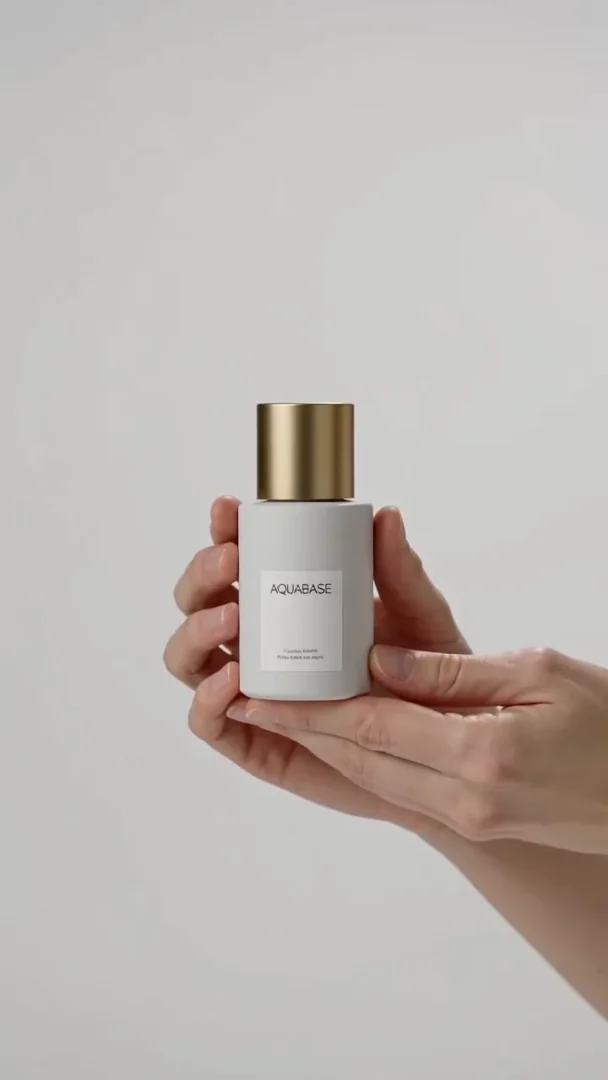 金色のキャップがついた白いボトルを両手で持っている縦型のAI生成動画
