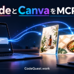 ClaudeとCanvaをMCPで繋ぐ。ノートPCのチャット画面から光の線が3枚の商品チラシへ伸びるイラスト