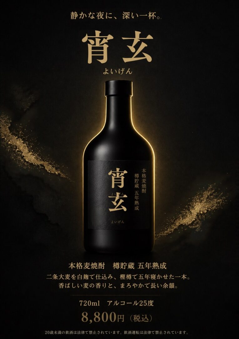 ClaudeがCanva MCPで作った架空の麦焼酎「宵玄」のA4縦チラシ。黒地に金文字、中央に黒い瓶
