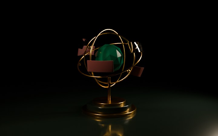 Blenderで試し描きした渾天儀。真鍮の輪と台座に囲まれて、中心に深緑の多面体がある