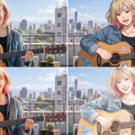 同じギター弾き語りの女性キャラクターを、実写・アニメ・3DCG・水彩の4つの画風で描いた画像を2×2に並べたもの