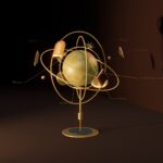 ORECTICのファーストビュー。真鍮の渾天儀と、都市から引き出し線で伸びるナビゲーション