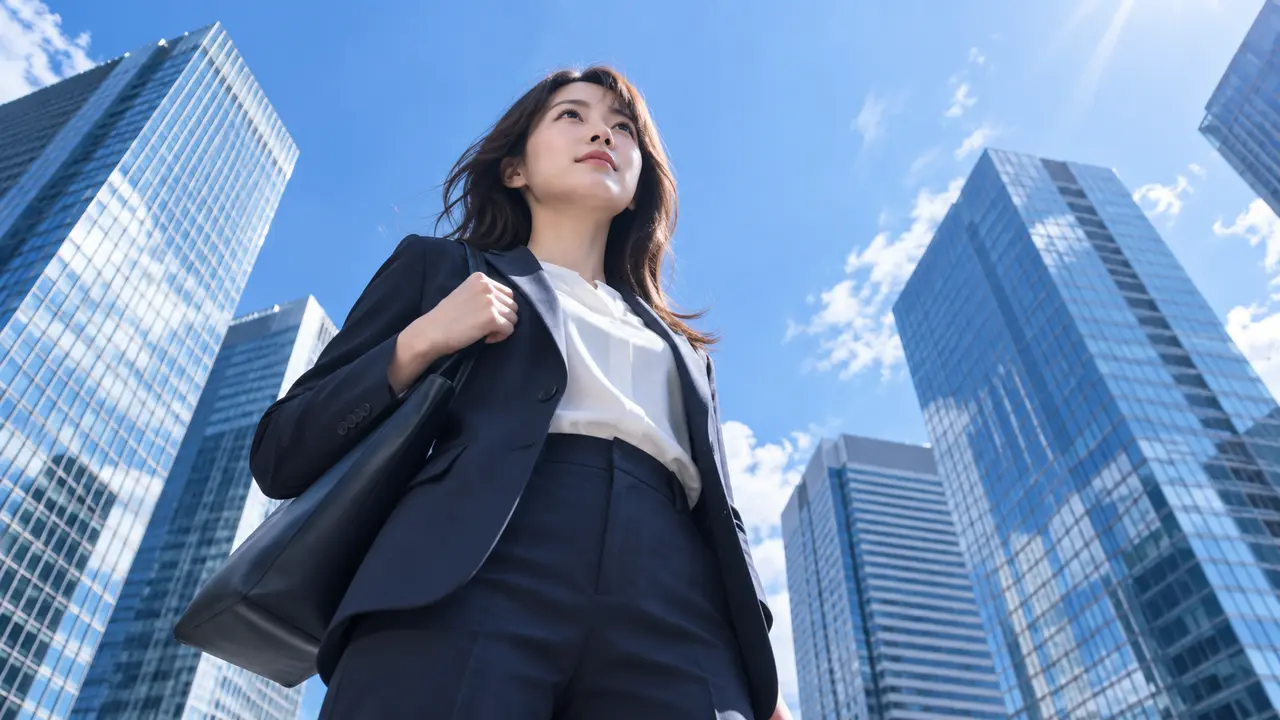 青空と高層ビルを背景に、下から見上げた自信のある表情の女性の写真