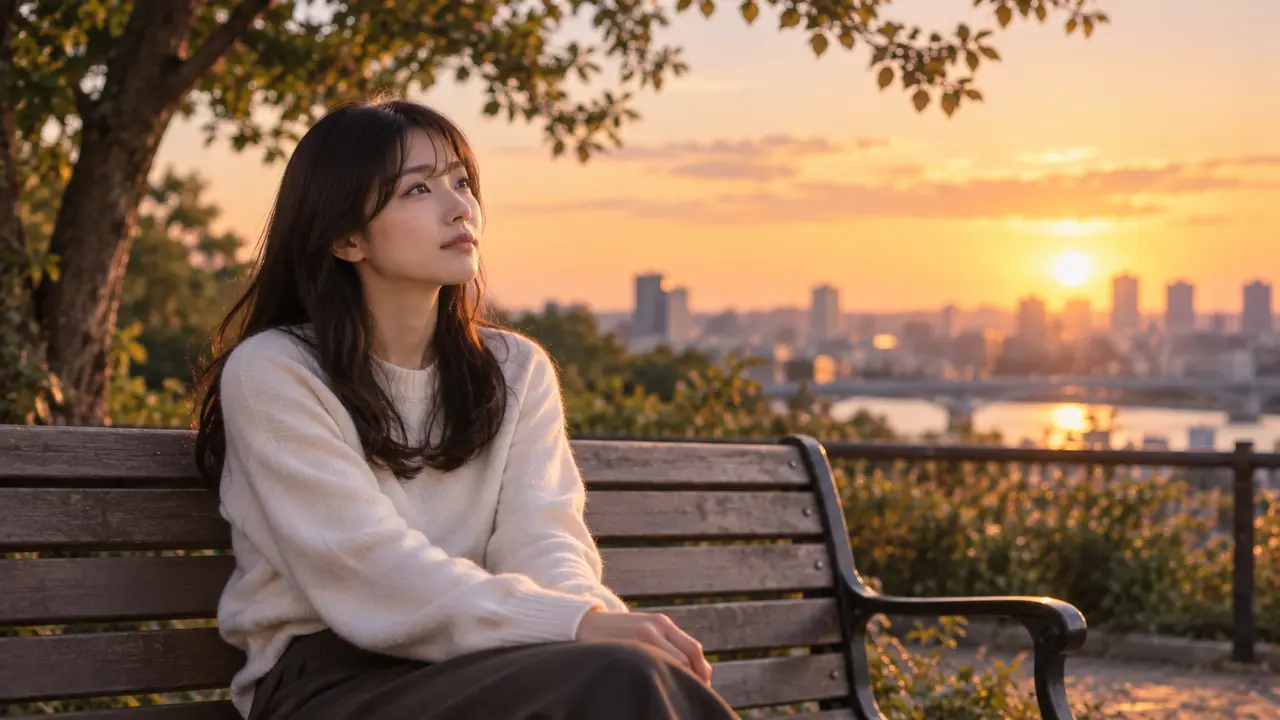 夕暮れの公園のベンチに座り、物思いにふける女性の写真