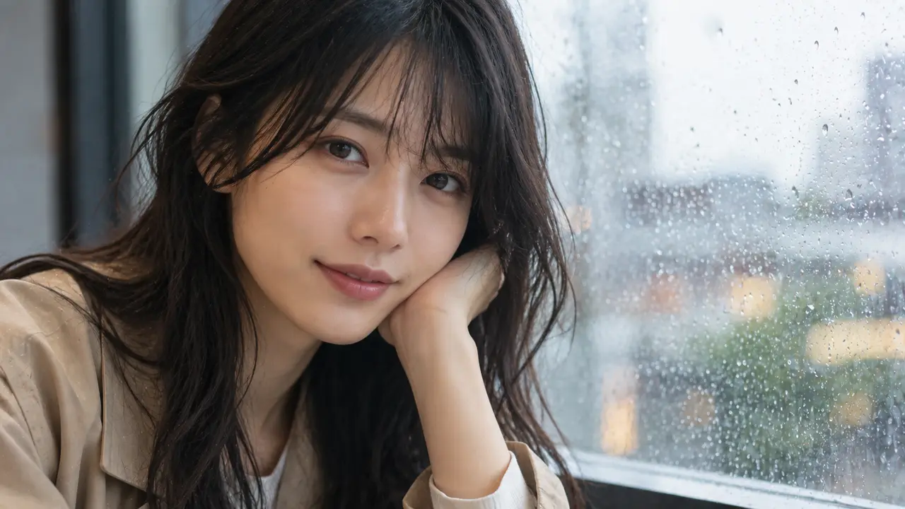 雨の窓辺で頬杖をつき、カメラに向かってほほえむ女性の顔のアップ写真